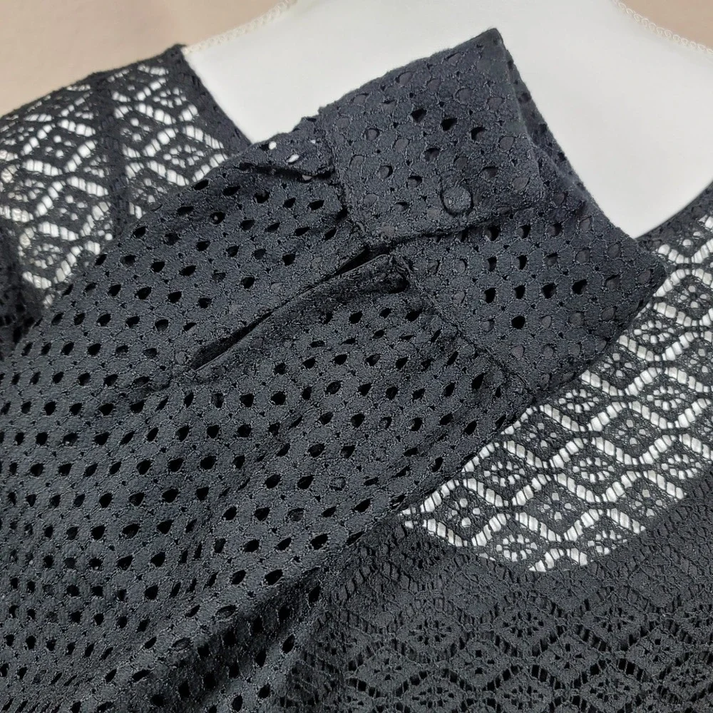 Banana Republic Lace Eyelet Top Women Black Geometric Long Sleeve Back Zip XXL